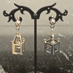 Vintage Silver Tone Lantern Cage Dangle Screw Back Earrings Bell Charm Figural