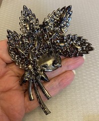 Vintage Blue AB Rhinestone Brooch Oversized Corsage Bouquet Black Metal unsigned
