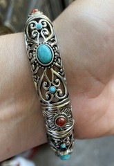Barzel Silver Plated Stretch Cuff Bracelet Bangle Turquoise & Amber Stones Boho