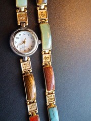 Vtg Multi Stone Inlay Panel Watch (works) Bracelet Set Chinese Symbol Good Luck