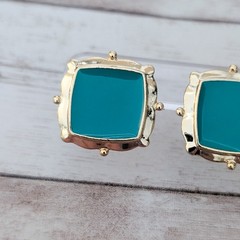 Vintage Stud Earrings Large Statement Teal & Gold Tone Square Shape