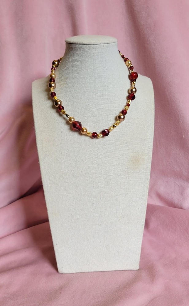 Two Toned Signed Faux Pearl Gold Red Glass Beaded Choker Necklace N1A