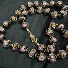 Vintage Knotted Wedding Cake Glass Bead Necklace Pink Black Gold Sparkle 23 Inch