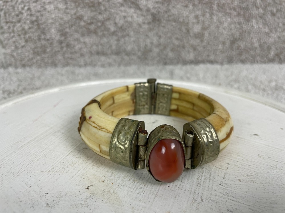 Bangle Bracelet Womens 3″ Ornate Brass Clamper Horn Bone Stone Gem