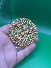 Vintage 1960’s Round Reticulated Domed Russian Gold Tone Runway Statement Pin 3″