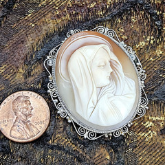 VTG 45mm Shell Cameo Mater Dolorosa Brooch Pendant Tested Silver Filigree