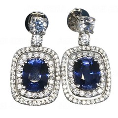 Cushion Cut Blue Sapphire Simulated Diamond Double Halo Drop Earrings 925 Silver