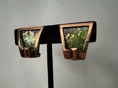 Vintage MATISSE Earrings Bronze Frame Green Inset Speckled Clip On Jewelry