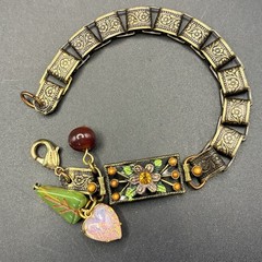 Vintage Faux Opal Heart, Japan Glass,& Book Chain Links Bracelet, Integrated New