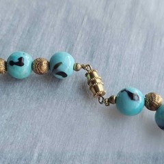 Vintage Lampwork Aqua Blue Glass Bead Necklace Textured Brass Spacers Art Glass