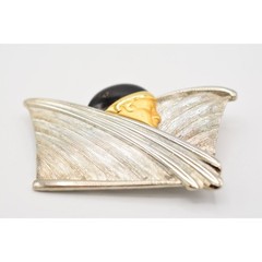 Vintage Face Abstract Pin Brooch Brushed Gold Black Silver Chunky 1980s BinAJ