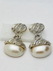 Vintage 1980-1990s Silver-Tone Pierced Oval Dangle Earrings White Faux Pearls