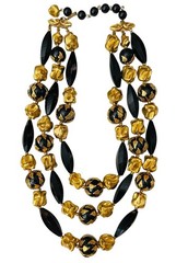 VTG DEAUVILLE LUCITE BLACK GOLD TRIPLE STRAND BEADS METAL SIGNED NECKLACE 12-14”