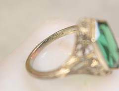 Antique Art Deco 10K White Gold Filigree Green Stone Ring sz 5.25
