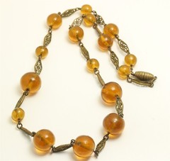 Vintage Art Deco Graduated Czech Amber Glass Bead Link Choker Necklace 17″