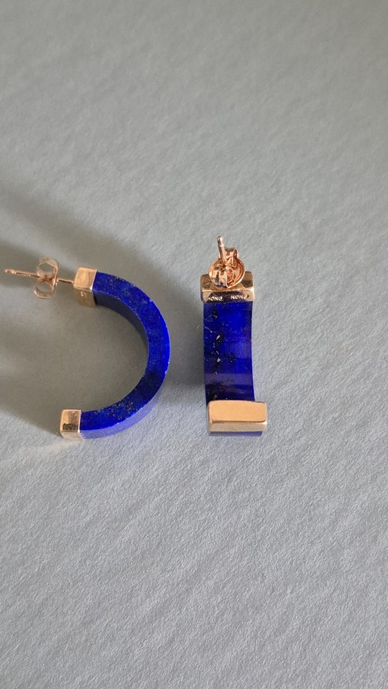 Vintage 14K Yellow Gold Hong Kong Lapis Hoop Earrings 1” Long, Vintage