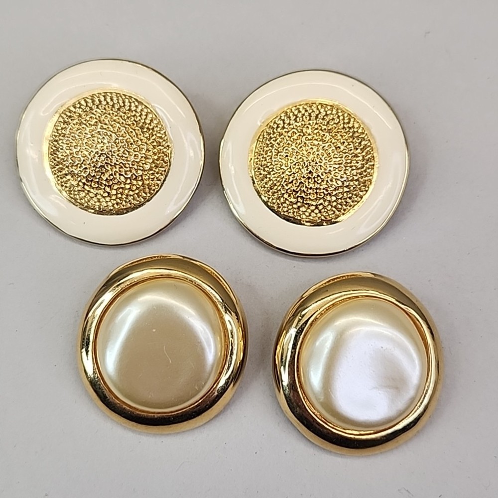 Vintage Imitation Pearl Clip On Earrings Lot of 2 Pebbled Cream Gold Tone Large