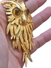 Vintage Owl Pendant Gold Tone Articulated Amber Style Eyes 3.25″ No Chain Indie