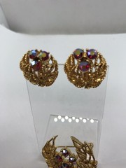 Vintage Lisner Signed Goldtone Brooch and Clip Earrings Rhinestone AB Set