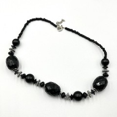 Vintage Black Faceted Acrylic Bead Statement Necklace Silver Tone Accents Bold