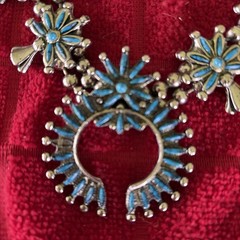 Vintage Turquoise Silver Toned Squash Blossom Style Southwest Costume Necklace