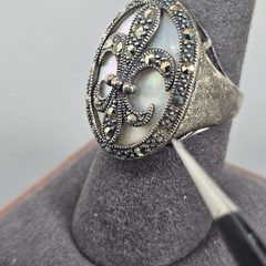CFJ Collins Sterling Silver Fleur-De-Lis Ring Mother-Of-Pearl & Marcasite 8.25