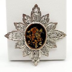 European Deco Filigree Brooch Dried Flower Shadowbox Silver Tone Trombone Clasp