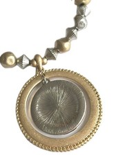 Antique gold tone necklace / Tricolor Disk pendant with clear crystals