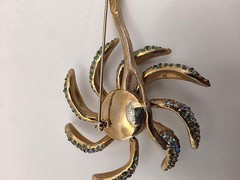 Vintage Signed Les Bernard Inc Blue/Green Crystal Movable Petal Flower Brooch