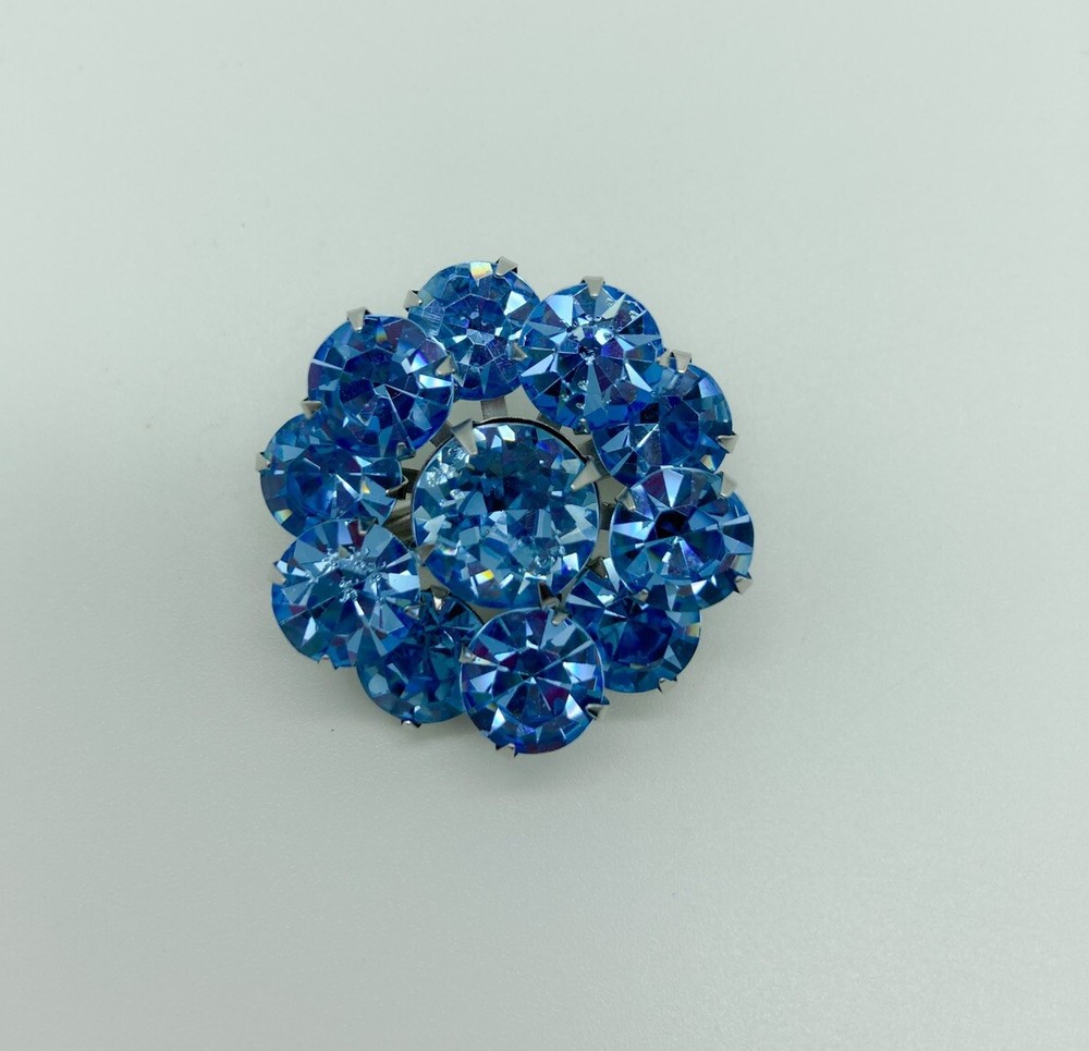 Vintage Blue Rhinestone Brooch Pronged Silver Tone Pin Costume Fashion Jewelry
