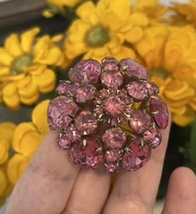 VTG Blush Pink Rhinestone Brooch Pin Big Domed Round Hollywood Regency Style Lg