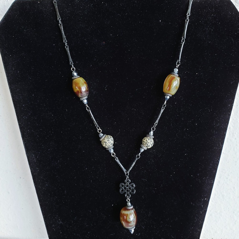 Faux Jasper Glass & Metal Beads Gun Black Alloy Chain Link Pendant Necklace 17″