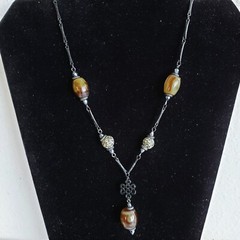 Faux Jasper Glass & Metal Beads Gun Black Alloy Chain Link Pendant Necklace 17″