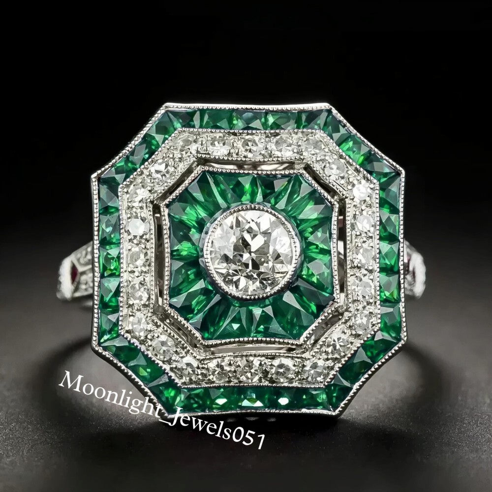 Art Deco Round Lab Created Diamond & Emerald 925 Silver Engagement Vintage Ring