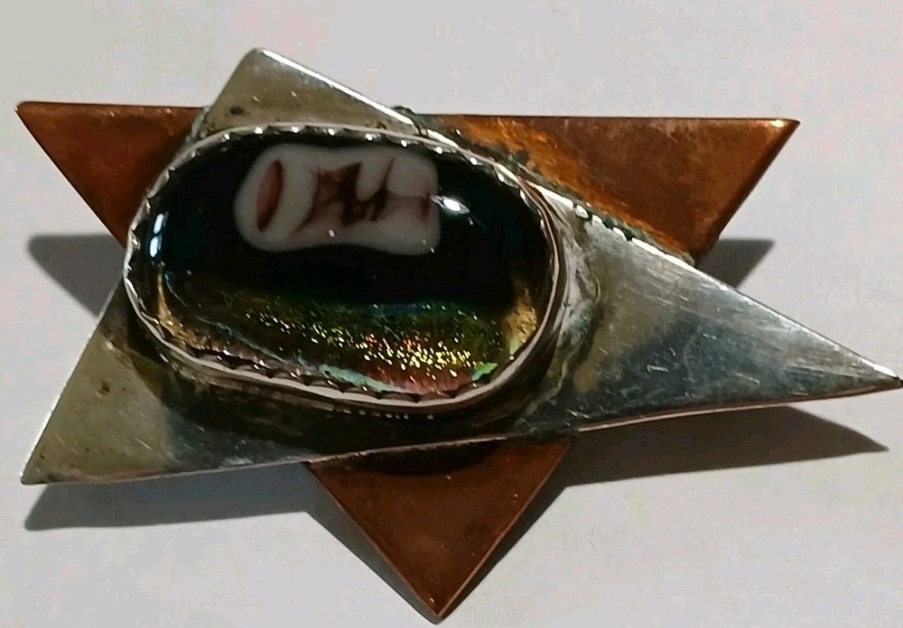 Vtg Mid Century Brutalist Copper Silver Art Dichroic Glass Star Brooch Pin