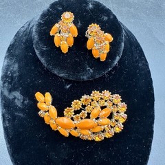 Vintage WEISS Bright Orange Rhinestone Brooch & Clip-on Earrings Jewelry Set