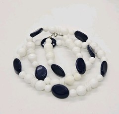 Geometric Beaded Necklace White Blue Asymmetrical shapes Silver tone 33 in