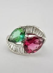 Antique Platinum Hot Pink & Green Tourmaline & Baguette Diamond Moi et Toi Ring