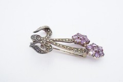 Vintage Sterling Silver 925 Amethyst Marcasite Flower Brooch Pin