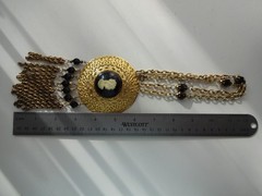 Vtg 60’s Huge Runway Cameo Pendant Necklace Gold Tone Cabochon W Tassel Chain