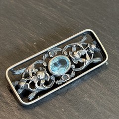 Stunning Antique Blue Glass Trombone Clasp Brooch Sterling Silver L2