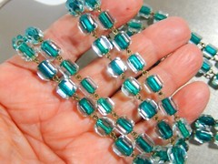 CZECH HAND BLOWN FACETED OCTAGON GREEN CORE CLEAR GLASS BEAD FLAPPER NECKLACE