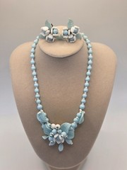 Vintage W. Germany light blue & white bead floral necklace and earrings jewelry