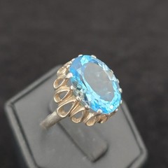 Vtg Sterling Large Blue Topaz Statement Ring 11.25 Kabana Faceted Openwork Crown