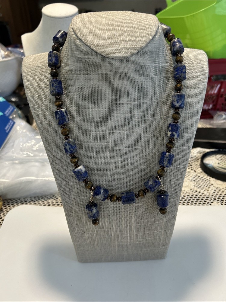 Lapis Lazuli & Tigers Eye Gems Necklace 20” Pierced Earrings 1 3/4” By 1/4”