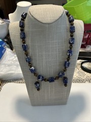 Lapis Lazuli & Tigers Eye Gems Necklace 20” Pierced Earrings 1 3/4” By 1/4”
