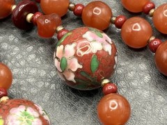 VTG Bird Butterfly Asian Cloisonne Carnelian Bead Hand Knotted Necklace 28”