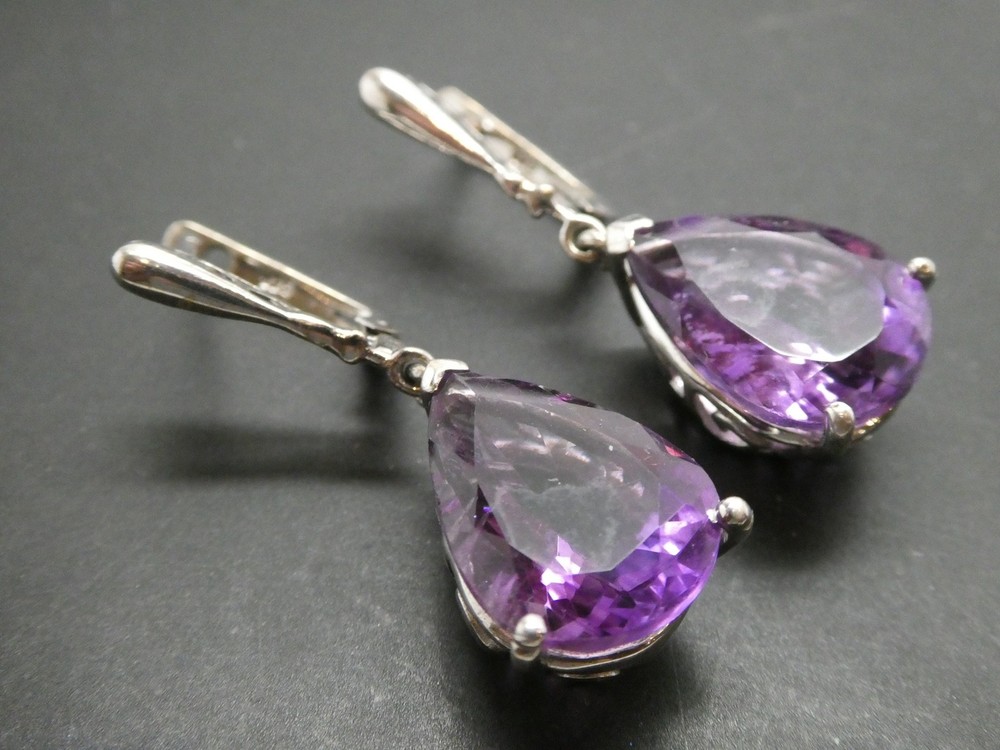 Vintage Amethyst Sterling Silver 925 Lever Back Drop Dangle Earrings