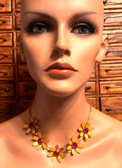 1930s Gold Tone Daisy Necklace and Bracelet Jewelry Set w/Red Center Stones