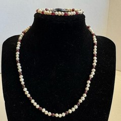 Vintage Rice Pearls & Almandine Garnet Gemstones Beaded Necklace & Bracelet Set